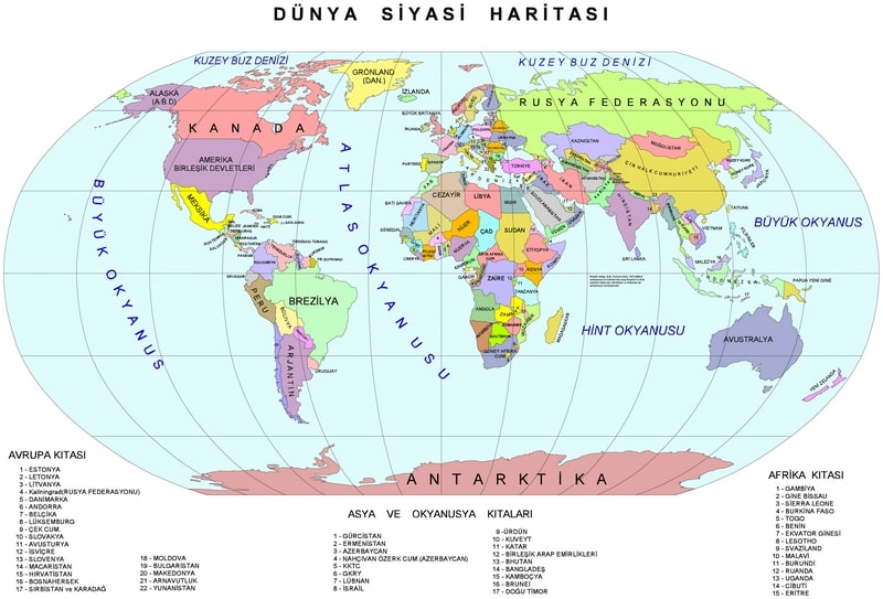 Carte du monde en turc avec les pays en couleur en 2023
