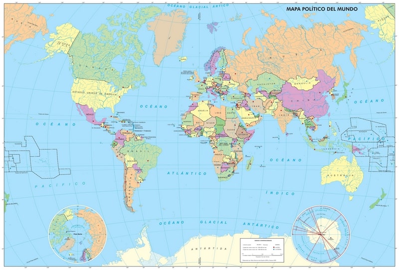 Carte du monde en espagnol avec pays et capitales en 2023