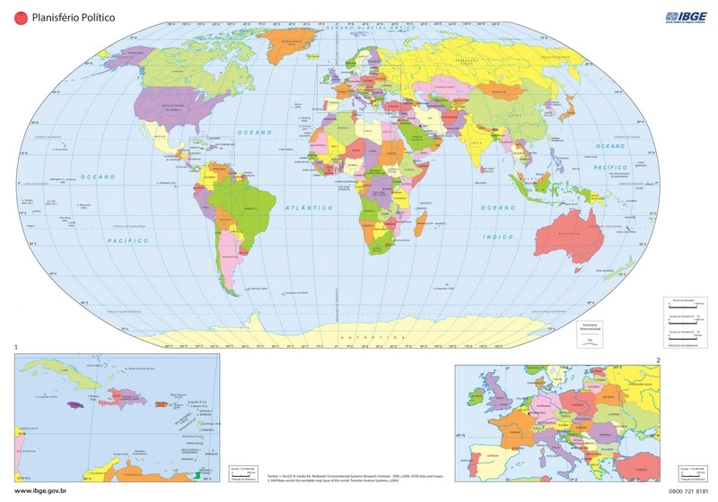 Carte du monde en portugais avec les pays en couleur en 2023