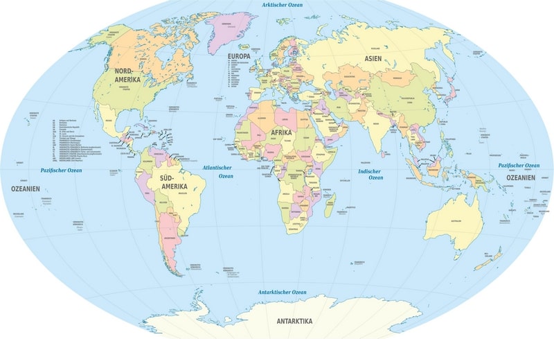 Carte du monde en allemand avec les pays en couleur en 2023