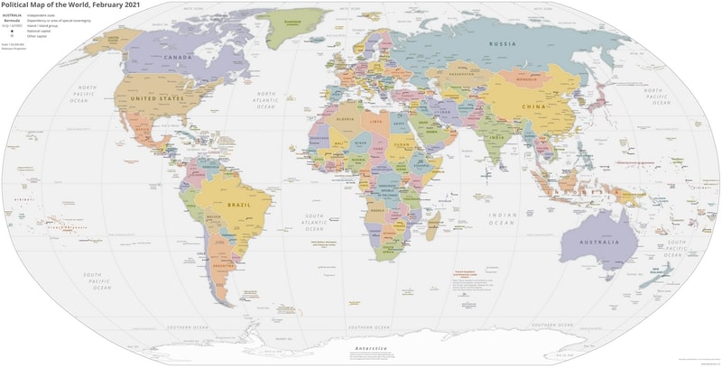Carte du monde en anglais avec les pays en couleur en 2023