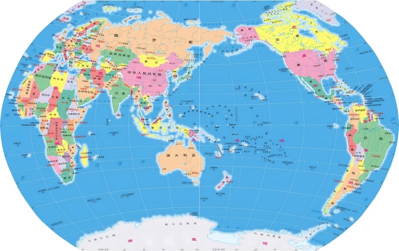 Carte du monde en chinois avec les pays, les fleuves et les capitales