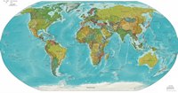 Carte du monde avec les pays en couleur, les capitales, les villes, le relief et les îles