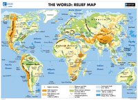 Carte du monde avec le relief, l'altitude, la profondeur des océans et les principaux volcans