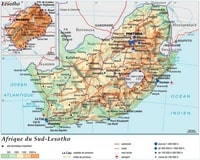 Carte de l'Afrique du Sud avec le relief, les autoroutes, les routes, les voies ferrées et les aéroports
