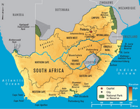 Carte de l'Afrique du Sud avec les parcs naturels, les réserves naturelles et les villes