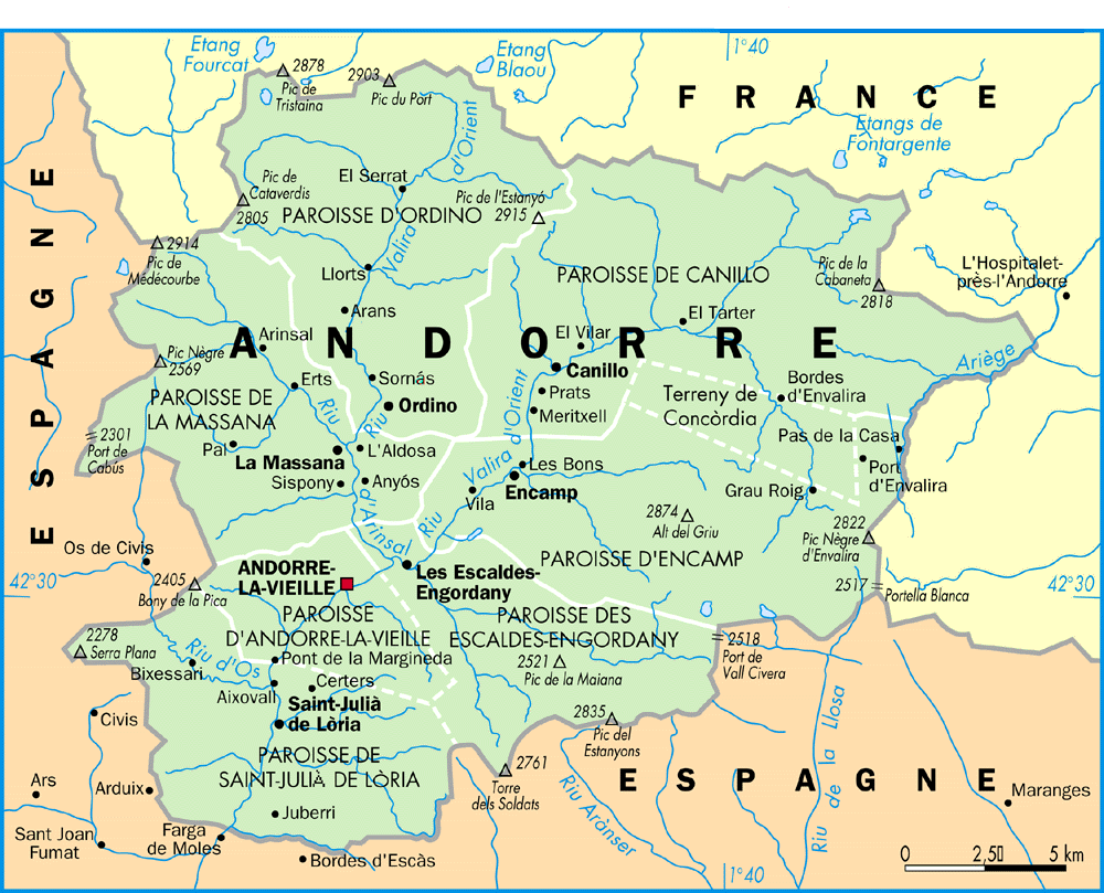 Carte d'Andorre, des villes et des rivières.