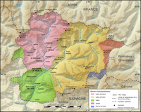 Carte d'Andorre avec les bassins hydrographiques, les villes, les villages et les sommets