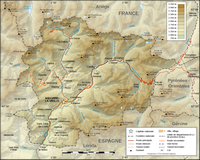 Carte d'Andorre avec les villes, les villages, le relief et l'altitude, les tunnels et les sommets montagneux