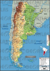 Carte de l'Argentine carte physique avec la taille des villes, les villages, les routes, le relief et l'altitude