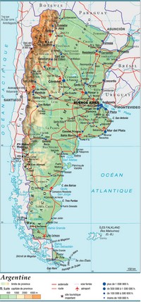 Carte de l'Argentine avec les villes, les routes, les aéroports, l'altitude et les sites touristiques