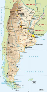 Carte de l'Argentine avec les villes, les routes, les montagnes, les aéroports et les ports