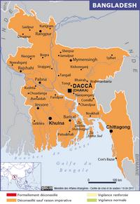 Carte du Bangladesh avec la situation pour les touristes selon le Ministère des affaires étrangères