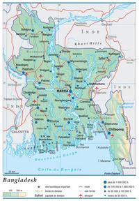 Carte du Bangladesh avec le relief, l'altitude et les villes