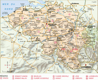 Carte de la Belgique avec les régions, les villes, l'hydrographie et les aéroports
