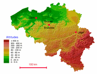 Carte de la Belgique avec le relief et l'altitude en mètre
