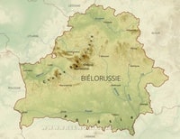 Carte de la Biélorussie avec le relief, les grandes villes, la chaine montagneuse et les cours d'eau