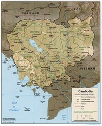 Carte du Cambodge avec les provinces, les villes, les routes, les trains et le relief