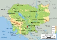 Carte du Cambodge avec le relief et l'altitude en mètre