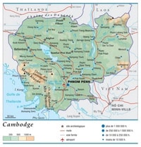 Carte du Cambodge avec les routes, l'altitude en mètre, les montagnes, les sommets montagneux et les sites archéologiques