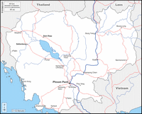 Carte du Cambodge avec les provinces, les villes, les routes, les trains et le relief