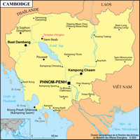 Carte du Cambodge simple avec les villes, la capitale et l'échelle en km