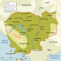 Carte du Cambodge avec les villes, le relief et l'altitude simplifiée