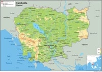 Carte du Cambodge avec les routes, les villes, les villages, les îles, les montagnes, le relief et l'altitude en mètre