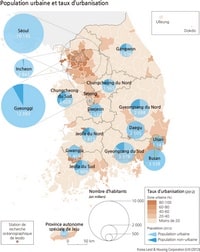 carte population de la Corée du Sud avec le taux d'urbanisation