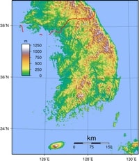 Grande carte topographique de la Corée du Sud avec le relief et l'altitude en mètre