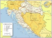 Carte de la Croatie avec les villes, les villages, les aéroports, les routes, les autoroutes et les chemins de fer