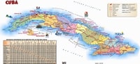 Grande carte de Cuba avec le type de route, la distance entre les villes, les aéroports, les ports et les zones touristiques