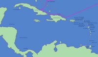 Carte de Cuba avec le tracé du premier voyage de Christophe Colomb sur l'île de Cuba (Juana)