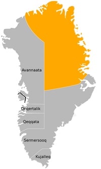 Carte du Groenland administrative avec le découpage des 5 communes et le parc national du Grand-Est
