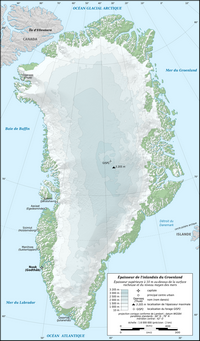 Carte du Groenland avec le relief, l'altitude en mètre, l'épaisseur de la glace de l'inlandsis et le point de forage GISP2