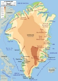 carte Groenland relief altitude en mètre villes fjords détroits