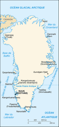 Carte du Groenland simple avec les villes, le point culminant et les échelles en miles et en km2