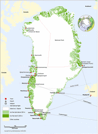Carte du Groenland avec les villes, les aéroports, les héliports, les vols internationaux et la hauteur de la glace