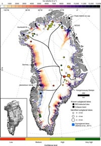 Carte du Groenland avec la vitesse de la fonte des glaces, les lacs en surface et les lacs en dessous de la glace