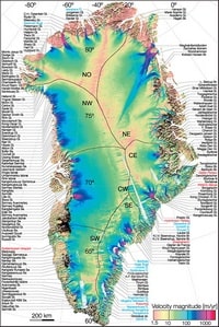 Carte du Groenland avec la vitesse de la fonte des glaces en surface en mètre par an, observation satellite