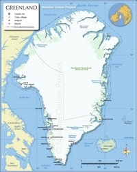 Carte du Groenland avec les villes, les villages, les héliports, les aéroports et les frontières