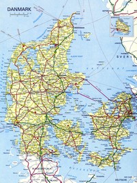 Carte du Danemark routière avec les routes principales, secondaires, les villes et les villages