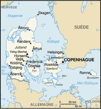 Carte du Danemark simple avec les villes et l'échelle en km et en miles