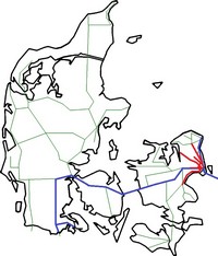 Carte du Danemark avec les trains et le réseau ferré