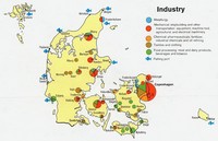 Carte du Danemark avec le type d'industrie et les ports de pêche