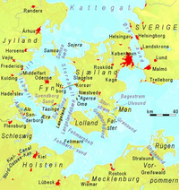 Carte du Danemark avec les villes et les ponts reliant les îles