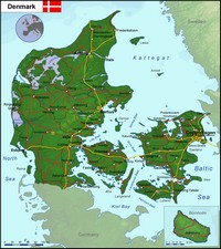 Carte du Danemark avec les villes, les routes, les aéroports et les rivières