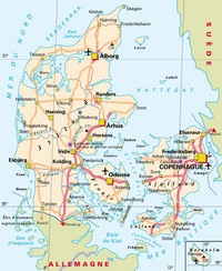 Carte du Danemark avec les villes, les routes, les autoroutes et les aéroports