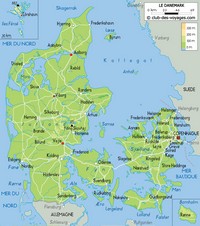 Carte du Danemark avec les villes, les routes, le relief, l'altitude et le point culminant