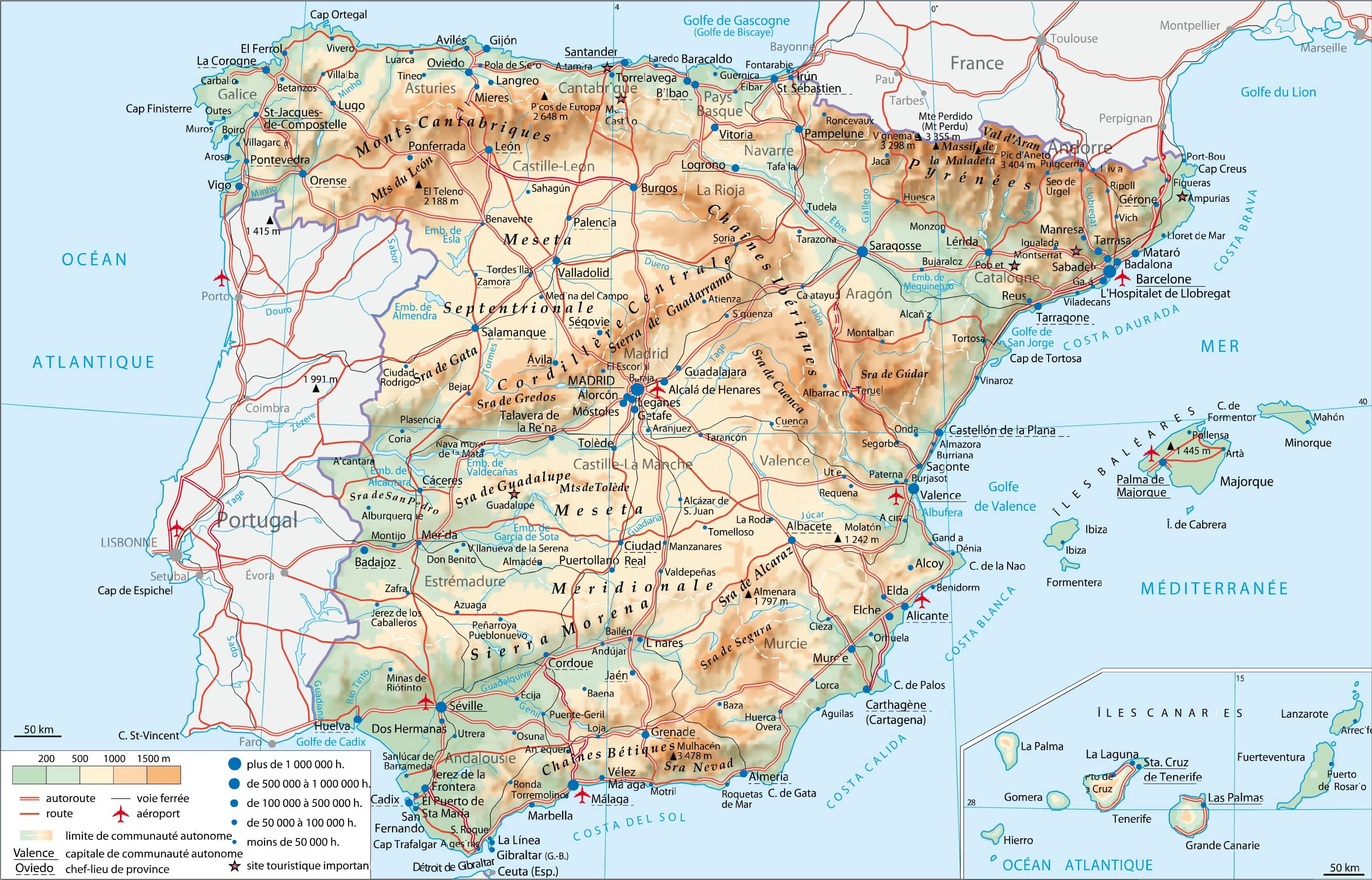 carte Espagne relief altitude taille des villes routes